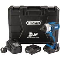 Draper D20 blue and black brushless impact driver with two 2Ah batteries, charger, and black carrying case.