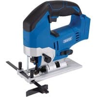 Blue and black Draper D20 20V brushless jigsaw with ergonomic handle and adjustable base plate.
