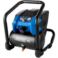 Blue and black Draper D20 20V compressor with 4L tank, pressure gauge, and sturdy handle frame.
