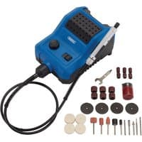 Blue Draper D20 20V engraver/grinder with flexible shaft, control unit, and various attachments and accessories.