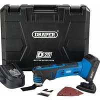 Draper D20 blue and black oscillating multi-tool with 2Ah battery, charger, and black carrying case.