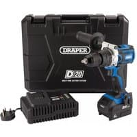 Blue and black Draper D20 cordless combi drill with 4Ah battery, fast charger, and sturdy black carrying case.