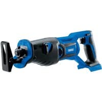Blue and black Draper D20 20V brushless reciprocating saw with ergonomic handle and exposed blade clamp.