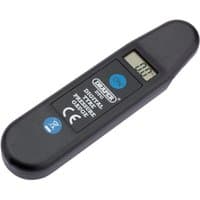 Black Draper digital tyre pressure reader with LCD screen, blue buttons, and CE markings.
