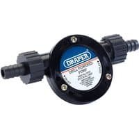 Black Draper DPP1 drill powered pump with blue and white label, ribbed connectors, and circular design.