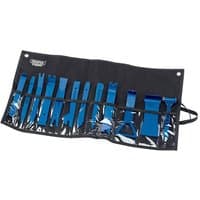 Blue Draper Expert 12 Piece Trim Removal Kit in black roll-up pouch with clear pockets and hanging holes.