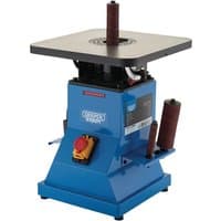 Blue Draper Expert spindle sander with square top, red safety switch, and multiple sanding sleeves attached.