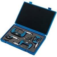 Blue Draper Expert 4 Piece Metric External Micrometer Set in foam-lined case, featuring silver and blue micrometers.