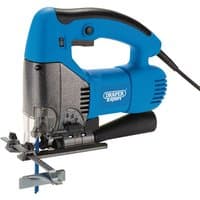 Blue and black Draper Expert 600W orbital jigsaw with ergonomic handle, clear blade guard, and adjustable base.