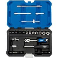 Draper Expert 43-piece socket set in black and blue case with ratchet, sockets, and extensions neatly organized.