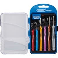Draper Expert 6-piece precision screwdriver set with colorful handles in a clear plastic case.