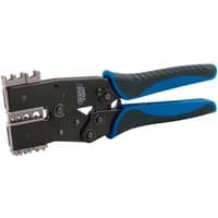 Black and blue Draper Expert crimping tool with ratchet action and quick change feature, 220mm length.