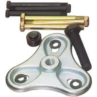 Draper flywheel puller with silver triangular plate, central threaded hole, and multiple black and gold bolts.