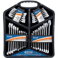 Draper 32-piece spanner set in black case, includes metric and imperial sizes with polished chrome finish.