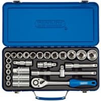 Blue Draper 26-piece metric socket set with ratchet, extension bars, and sockets in a metal case.