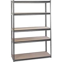 Draper heavy-duty steel shelving unit with five adjustable wooden shelves, silver frame, and perforated side beams.