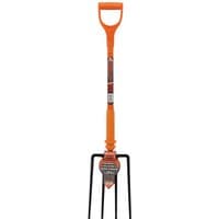 Orange Draper insulated contractors fork with D-grip handle and four black tines.