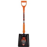 Orange and black Draper insulated square mouth shovel with D-grip handle and reinforced blade.