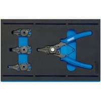 Draper IT-EVA2 plier set with blue handles and four black interchangeable circlip heads in foam tray.