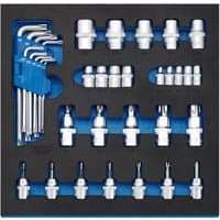 Black and blue Draper 35-piece screwdriver insert bits and TX-STAR keys set in foam organizer.