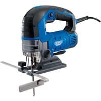 Blue and black Draper JS750E jigsaw with ergonomic handle, adjustable base plate, and visible power cord.