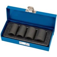 Blue box with four black 1/2" square drive locking wheel nut sockets in foam padding.