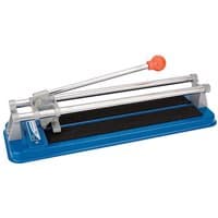Blue Draper manual tile cutter with dual metal rails, orange handle, and black cutting surface.