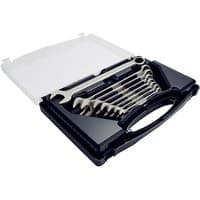 Stainless steel spanner set in black case, eight pieces ranging from 8 to 22mm, with long combination design.