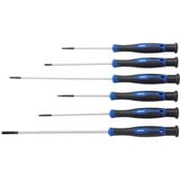 Draper 6-piece extra long precision screwdriver set with black and blue ergonomic handles and slender metal shafts.
