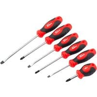 Draper Redline screwdriver set with red and black ergonomic handles, includes flathead and Phillips screwdrivers, 6 pieces.