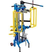 Blue and yellow Draper SC100 hydraulic spring compressor with adjustable clamps and sturdy base.
