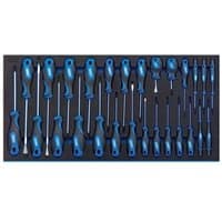 Blue-handled Draper screwdriver set arranged in black EVA foam insert tray, featuring various sizes and types.