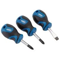 Draper SDRV 32604 stubby screwdriver set with blue and black ergonomic handles, includes flathead and Phillips tips.