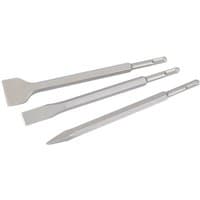 Silver Draper SDS+ chisel set with flat, pointed, and wide chisels, featuring hexagonal shanks and smooth finish.