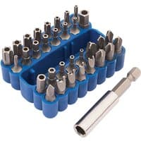 Draper SEC33/B 33 piece bit set with silver bits in a blue plastic holder and a separate silver bit holder.