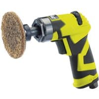 Yellow and black Draper SFAS75 air sander with ergonomic grip and round sanding pad attachment.
