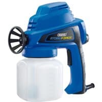 Blue Draper airless spray gun with black handle, white paint container, and black nozzle wheel.