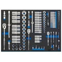 Draper socket set in black EVA foam tray, includes ratchets, sockets, and extensions, organized in rows.
