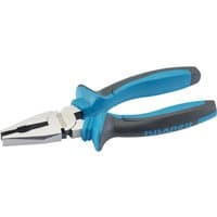 Blue and gray Draper soft grip combination pliers, 180mm, with polished steel jaws and ergonomic handles.