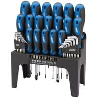 Draper 44-piece set with blue and black soft grip screwdrivers, hex keys, and bits on a black stand.