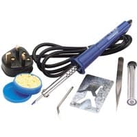Draper soldering kit with blue soldering iron, solder wire, plug, tweezers, and cleaning sponge.