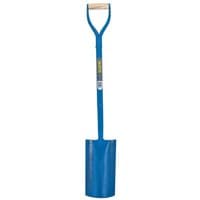 Blue Draper solid forged grafting shovel with a long handle and D-grip, featuring a narrow, pointed blade.