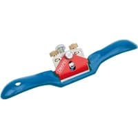 Blue and red Draper spoke shave with curved handles and adjustable blade.