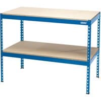 Draper steel workbench with blue frame, two wooden shelves, and perforated legs, 1200x600x900mm.