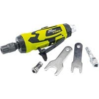 Yellow and black Draper Storm Force mini air die grinder with wrenches and fittings, compact design with ergonomic grip.