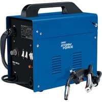 Blue Draper Storm Force gasless MIG welder, 120A, with black handle, control knobs, and attached welding gun.