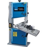 Blue Draper Stormforce 245mm bandsaw with adjustable metal table and safety features, powered by 230V.