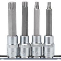 Draper T-TX/4/100 1/2'' drive 100mm TX-STAR socket bit set, four silver bits with hexagonal ends on a black holder.