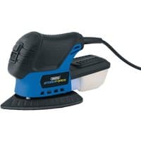 Blue and black Draper Tri-Base Detail Sander, 75W, with ergonomic grip and triangular sanding pad.