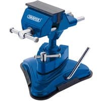 Blue Draper Vac10/L vacuum vice with 75mm jaws, swivel base, and adjustable handle on a suction cup base.